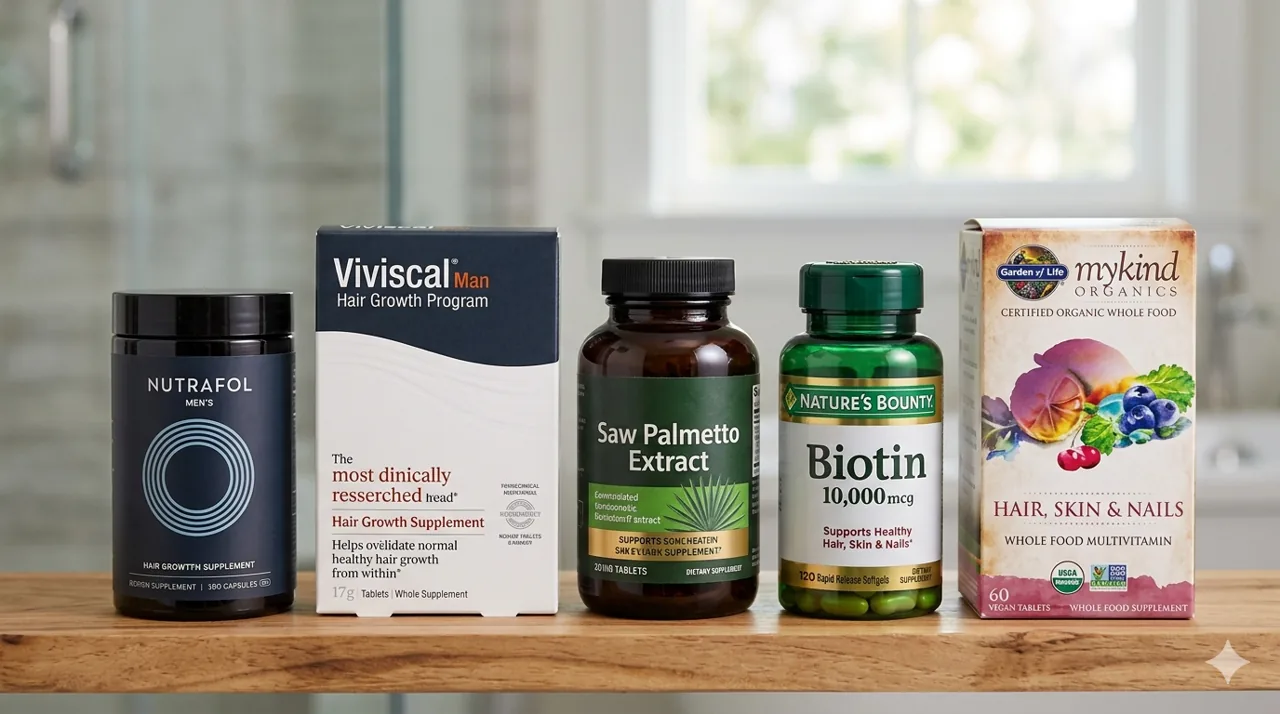 The men's hair supplements we ranked, shown side by side